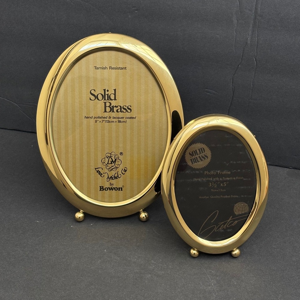 Vintage Solid Brass Oval Picture Frame Set 5x7 3.5x5 Polished Pair Easle Table